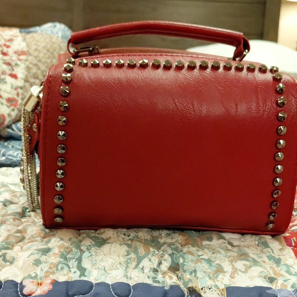 Stud-Trim Red Mini Top-Handle Bag with Tassel